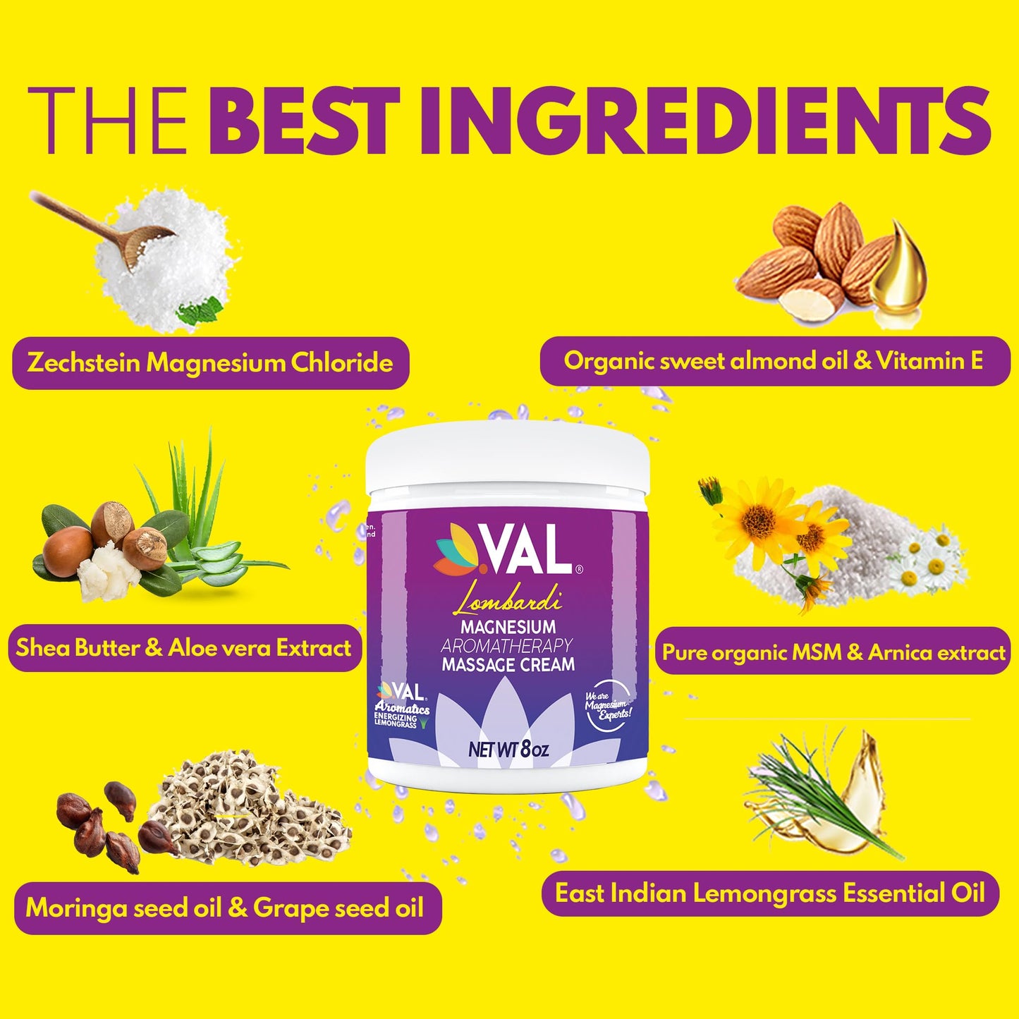 VAL Magnesium Aromatherapy Massage Cream 8oz | Zechstein Magnesium + MSM