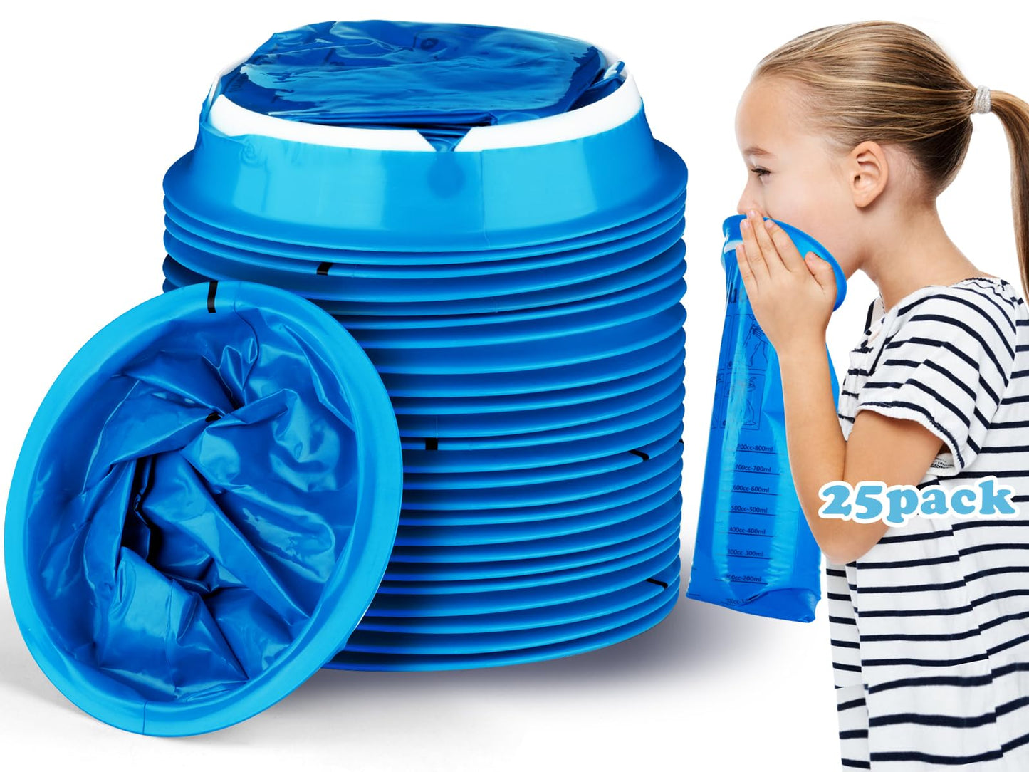 Valchoose 25 Pack Kids Throw Up Bags 800ml - No-Leak, Hospital-Grade (Blue)
