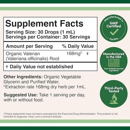 Valerian Root Drops for Sleep - Organic Valerian Root Tincture 168mg | 1 FL OZ, 30 Servings by Double Wood