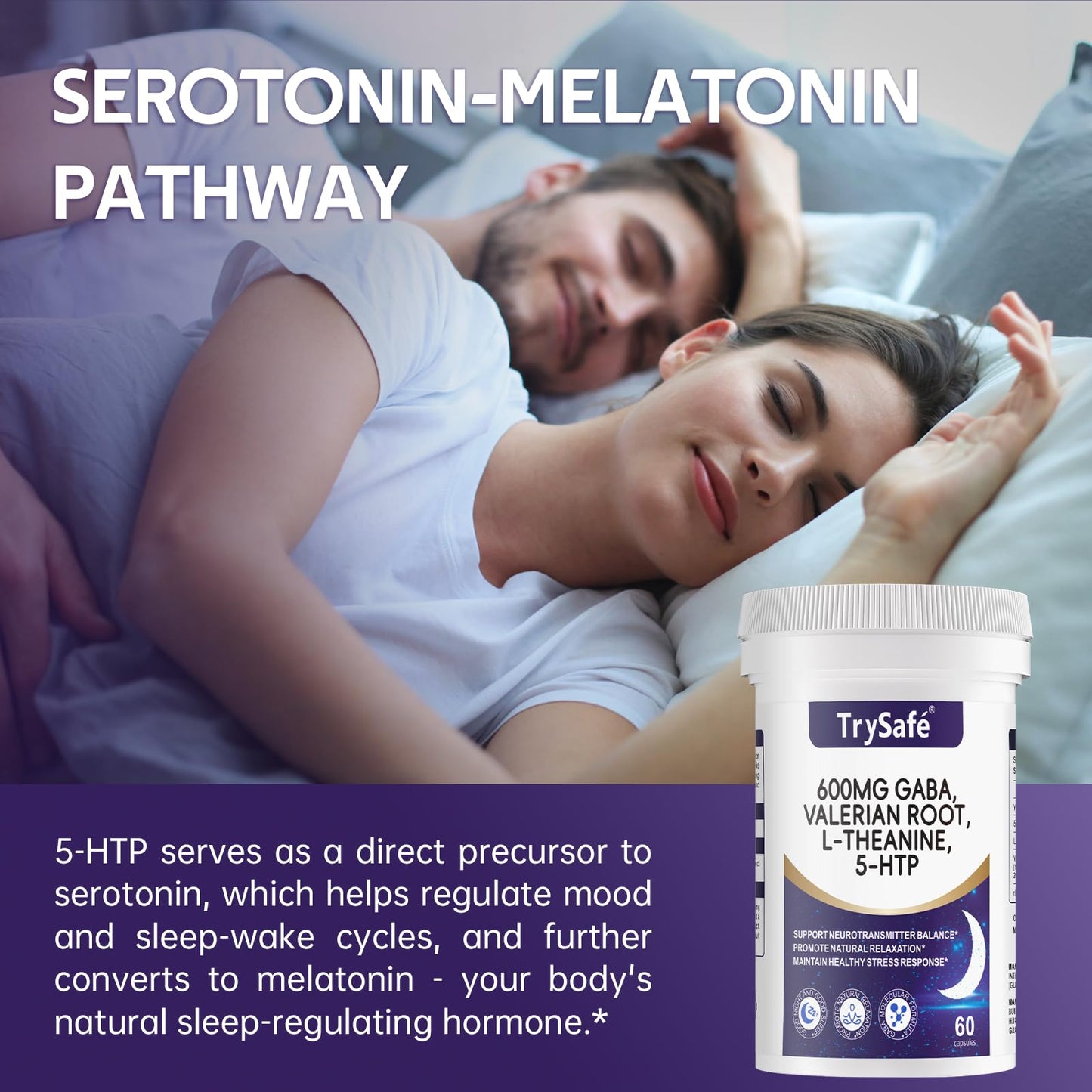 TrySafe 600mg GABA Sleep Aid with Valerian, L-Theanine & 5-HTP | 60 Capsules