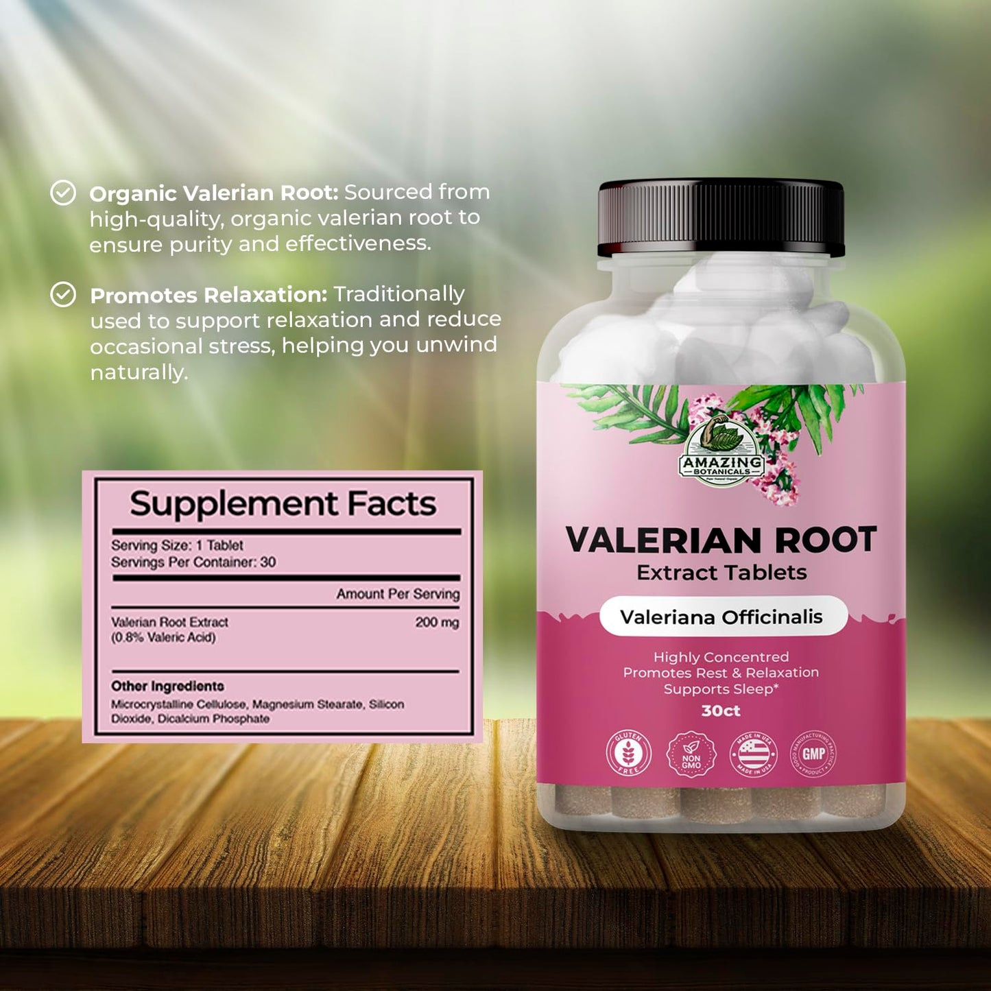 Amazing Botanicals Valerian Root Tablets - Organic 200mg | 30 Count