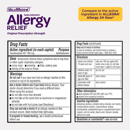 ValuMeds Compare to Allegra | Fexofenadine HCl 180mg | 24-Hour Non-Drowsy Allergy Relief (100 Count)