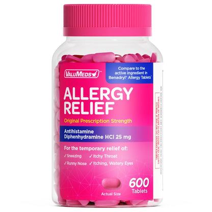ValuMeds Allergy Medicine Diphenhydramine HCl 25 mg | For Children & Adults | Relieve Itchy Eyes, Runny Nose & Sneezing (600)