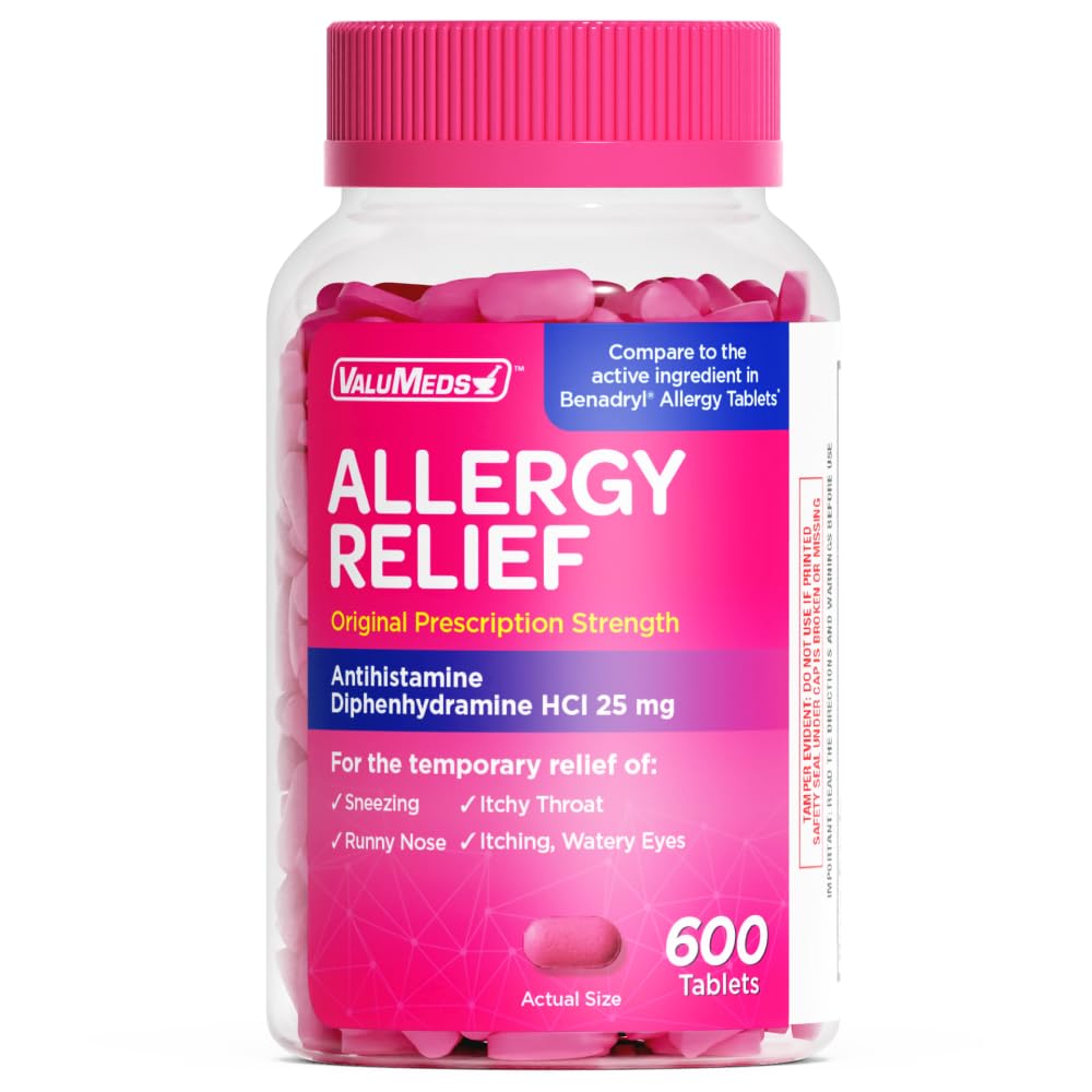 ValuMeds Allergy Medicine Diphenhydramine HCl 25 mg | For Children & Adults | Relieve Itchy Eyes, Runny Nose & Sneezing (600)