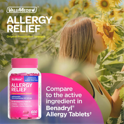 ValuMeds Allergy Medicine Diphenhydramine HCl 25 mg | For Children & Adults | Relieve Itchy Eyes, Runny Nose & Sneezing (600)