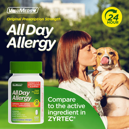 ValuMeds Cetirizine HCl 10mg Caplets – 100 Count | 24-Hour Non-Drowsy Allergy Relief for Pollen, Hay Fever & Itchy Eyes