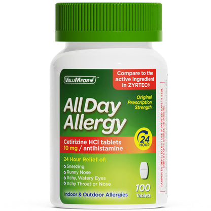 ValuMeds Cetirizine HCl 10mg Caplets – 100 Count | 24-Hour Non-Drowsy Allergy Relief for Pollen, Hay Fever & Itchy Eyes