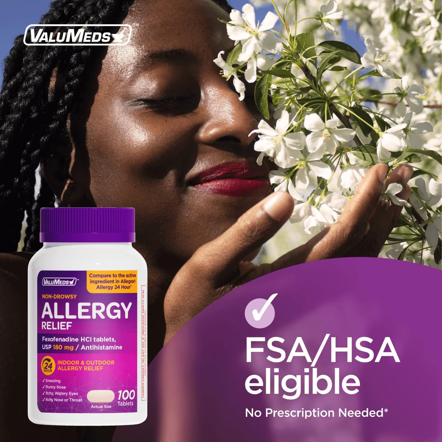 ValuMeds Compare to Allegra | Fexofenadine HCl 180mg | 24-Hour Non-Drowsy Allergy Relief (100 Count)