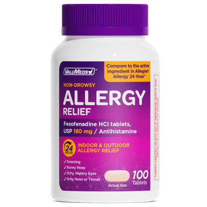 ValuMeds Compare to Allegra | Fexofenadine HCl 180mg | 24-Hour Non-Drowsy Allergy Relief (100 Count)