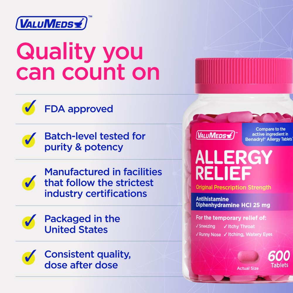 ValuMeds Allergy Medicine Diphenhydramine HCl 25 mg | For Children & Adults | Relieve Itchy Eyes, Runny Nose & Sneezing (600)