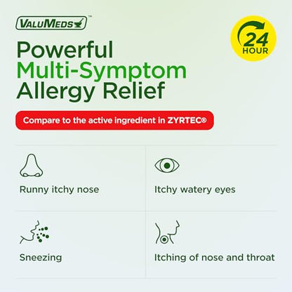 ValuMeds 24-Hour Allergy Medicine Cetirizine HCl 10mg Caplets | Non-Drowsy, 300 Count