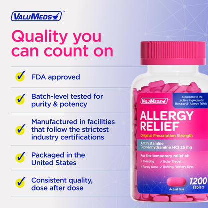 ValuMeds Allergy Medicine Diphenhydramine HCl 25 mg | Children & Adults | Relieve Itchy Eyes, Runny Nose, Sneezing (25 mg, 1200)