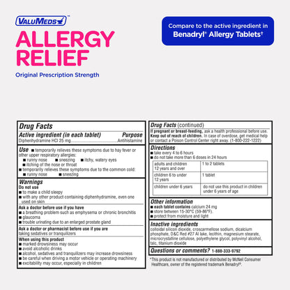 ValuMeds Allergy Medicine Diphenhydramine HCl 25 mg | Children & Adults | Relieve Itchy Eyes, Runny Nose, Sneezing (25 mg, 1200)