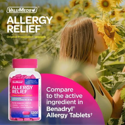 ValuMeds Allergy Medicine Diphenhydramine HCl 25 mg | Children & Adults | Relieve Itchy Eyes, Runny Nose, Sneezing (25 mg, 1200)