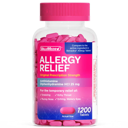 ValuMeds Allergy Medicine Diphenhydramine HCl 25 mg | Children & Adults | Relieve Itchy Eyes, Runny Nose, Sneezing (25 mg, 1200)
