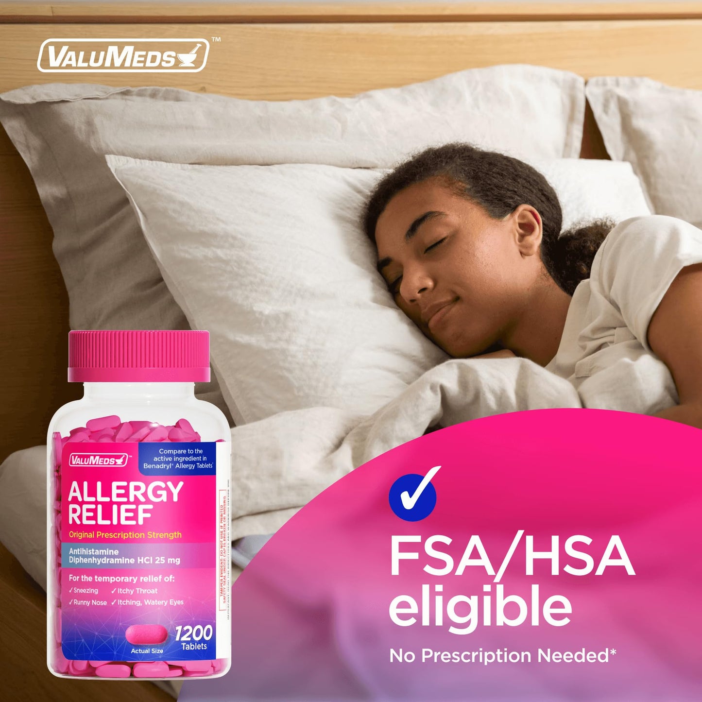 ValuMeds Allergy Medicine Diphenhydramine HCl 25 mg | Children & Adults | Relieve Itchy Eyes, Runny Nose, Sneezing (25 mg, 1200)