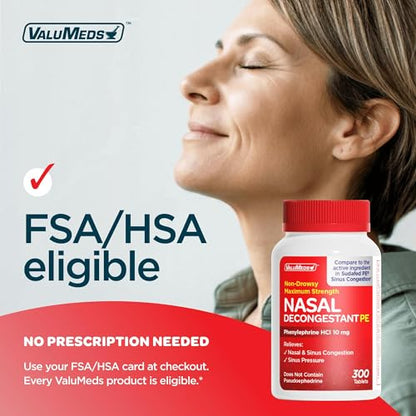ValuMeds Compare to Sudafed PE | Non-Drowsy Nasal Decongestant 10 mg, 300 Tablets