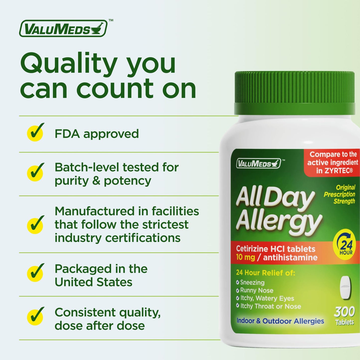 ValuMeds 24-Hour Allergy Medicine Cetirizine HCl 10mg Caplets | Non-Drowsy, 300 Count