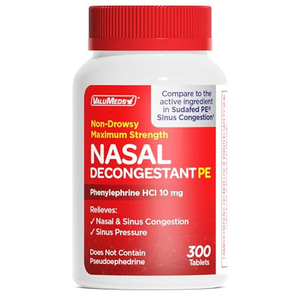 ValuMeds Compare to Sudafed PE | Non-Drowsy Nasal Decongestant 10 mg, 300 Tablets