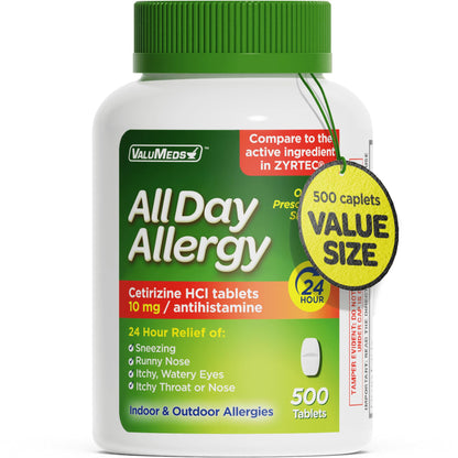 ValuMeds 24-Hour Allergy Medicine Cetirizine HCl 10 mg – 500 Count, Non-Drowsy Pollen Relief