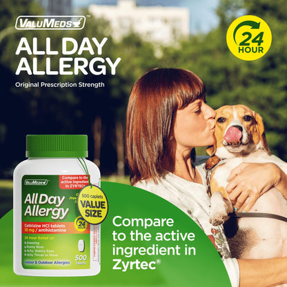 ValuMeds 24-Hour Allergy Medicine Cetirizine HCl 10 mg – 500 Count, Non-Drowsy Pollen Relief