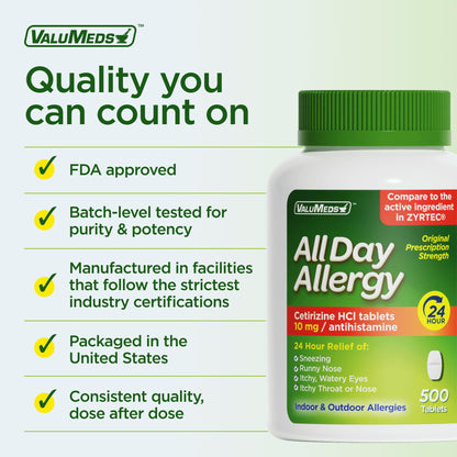 ValuMeds 24-Hour Allergy Medicine Cetirizine HCl 10 mg – 500 Count, Non-Drowsy Pollen Relief