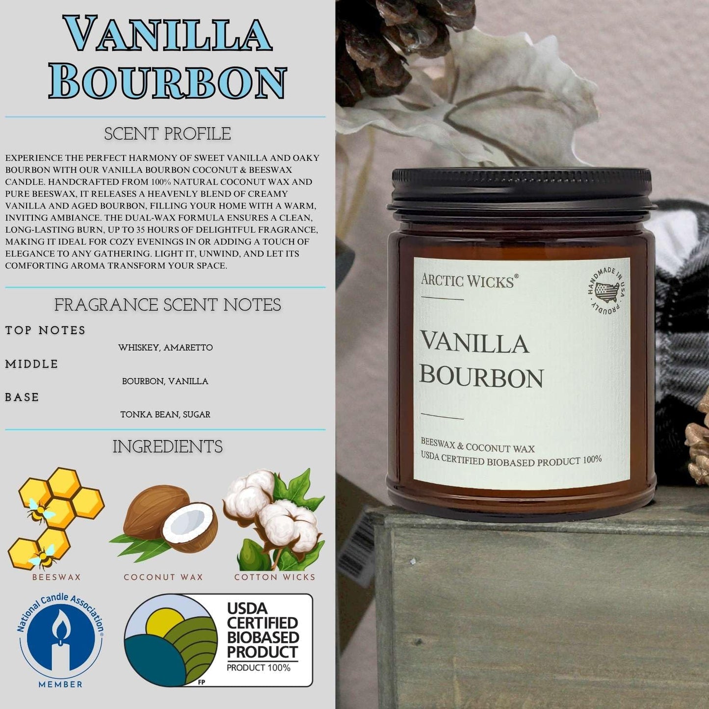 Vanilla Bourbon Candle | 9oz Coconut & Beeswax | Non-Toxic & USDA Biobased