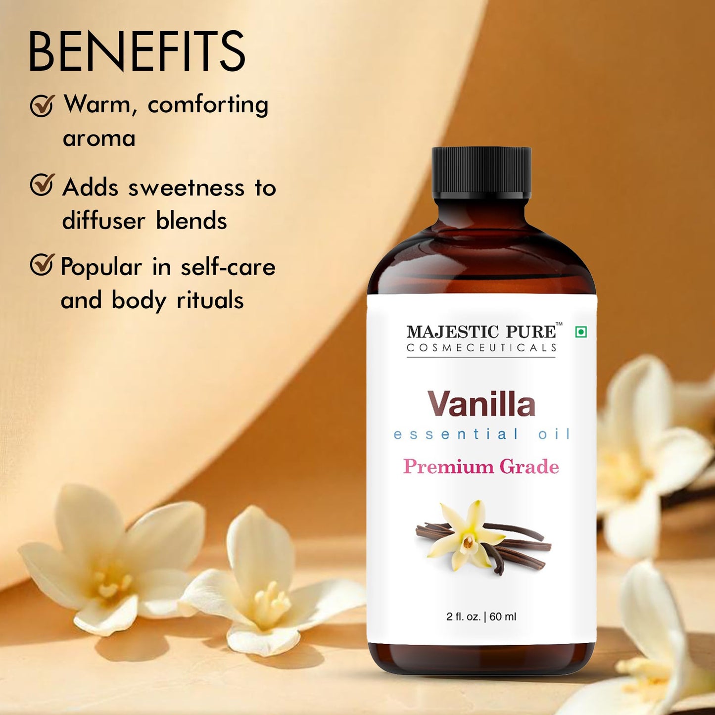 Majestic Pure Vanilla Essential Oil - 2 oz with Glass Dropper, 100% Pure