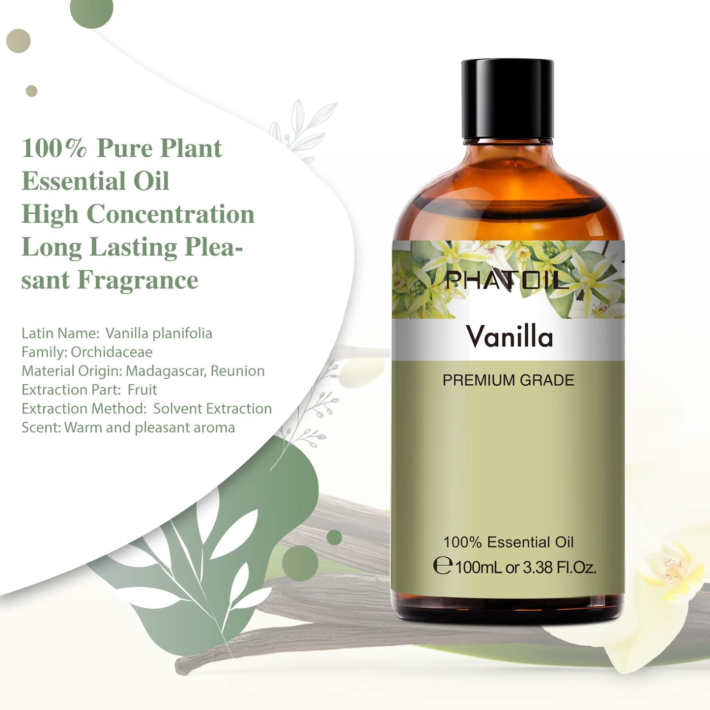 PHATOIL Vanilla Essential Oil 100ML (3.38oz) – Pure Aromatherapy for Diffusers, Candles