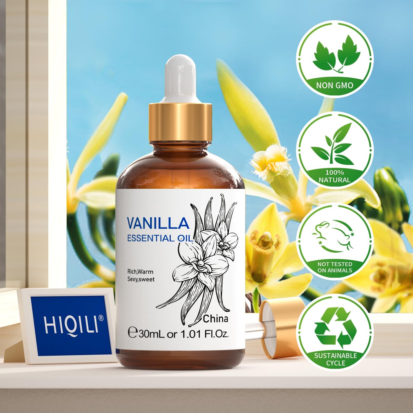 HIQILI Vanilla Essential Oil 1 oz – Pure, Undiluted Aroma for Skincare, Diffuser & DIY