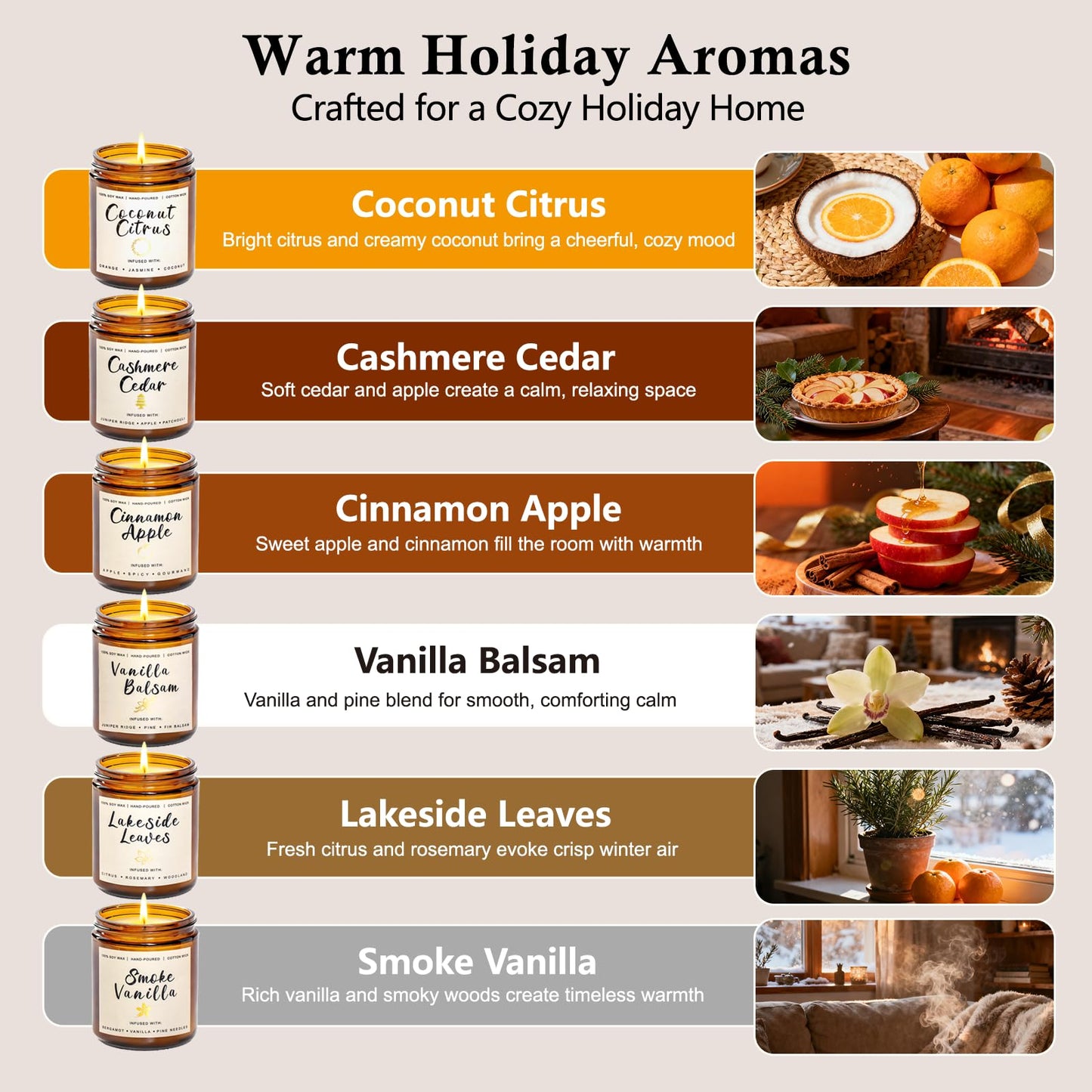 Holiday Candle Gift Set for Women – 6x7oz Soy Candles, Vanilla, Cinnamon & Cedar