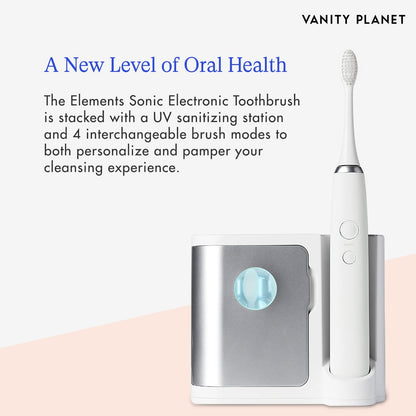Vanity Planet Elements Ultrasonic Electric Toothbrush – Silver | UV Sanitizing Charger Base & 3 Replacement Heads