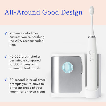 Vanity Planet Elements Ultrasonic Electric Toothbrush – Silver | UV Sanitizing Charger Base & 3 Replacement Heads