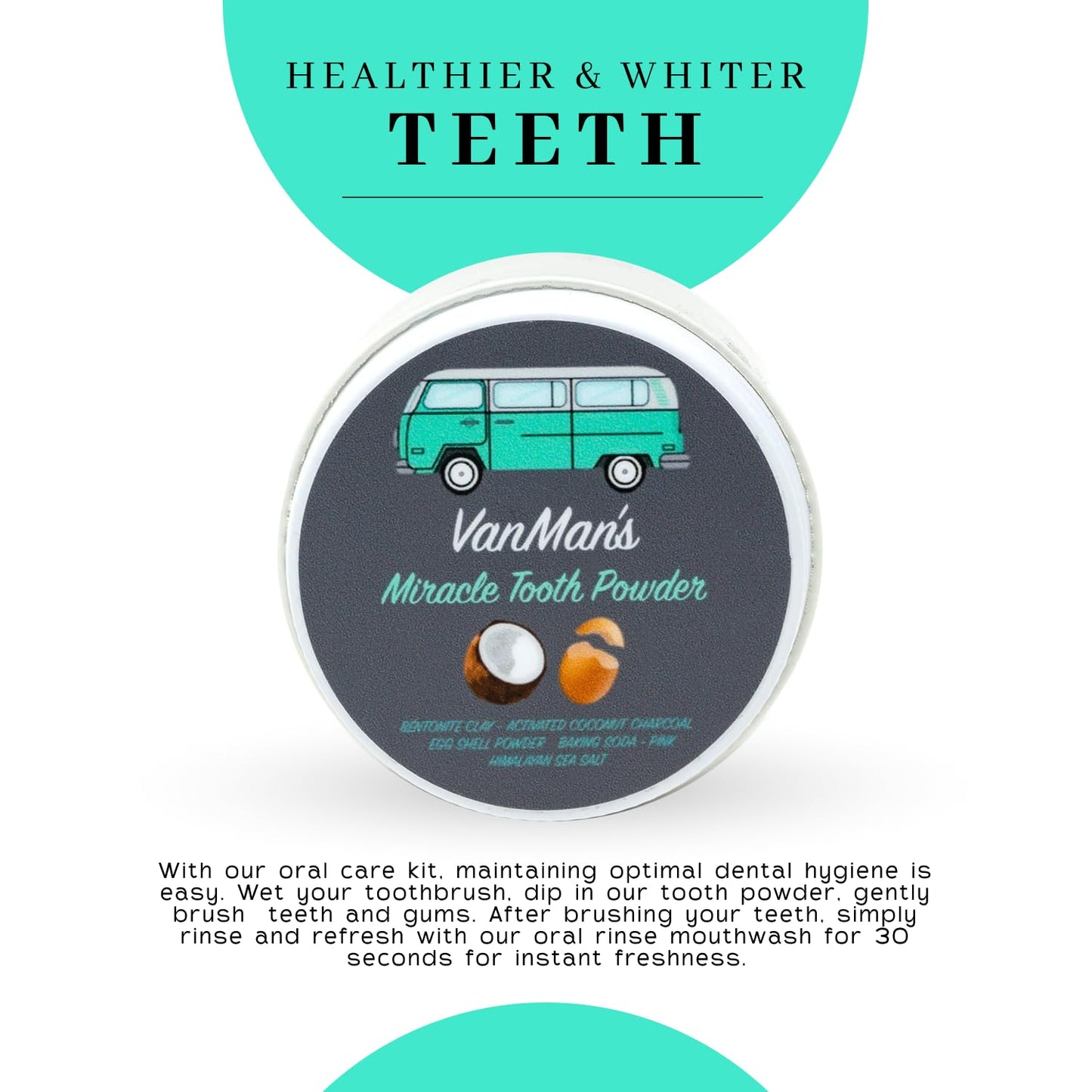 Vanman’s Miracle Tooth Powder – Fluoride-Free Whitening Toothpaste Powder (2.2 oz) with Coconut Charcoal & Eggshell Powder