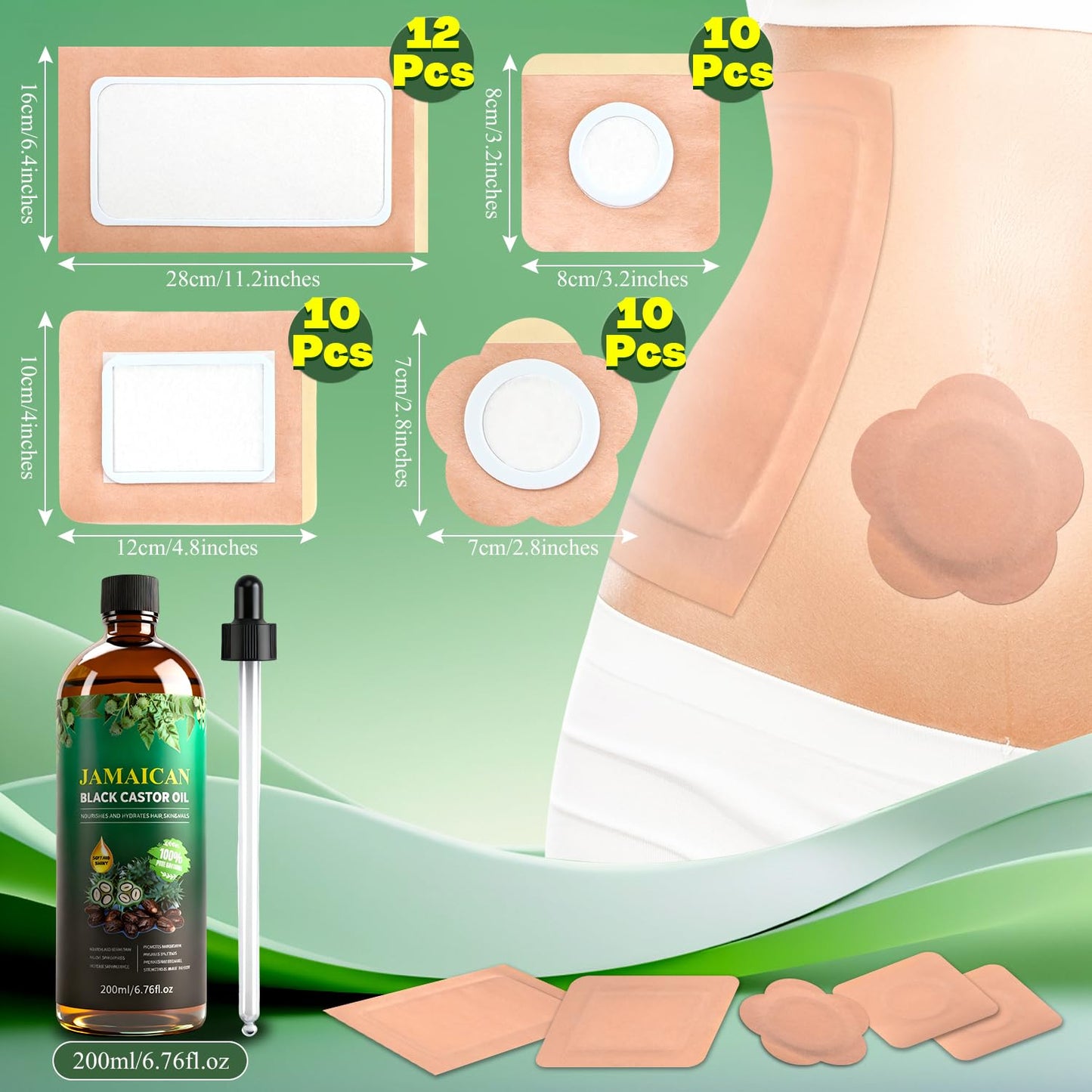 42 Pcs Castor Oil Pack Wrap Set with Organic Cold-Pressed Castor Oil – 6.76 oz Glass Bottle