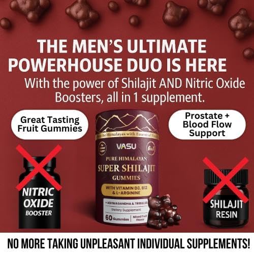 Vasu 6-in-1 Shilajit Gummies - Himalayan Gold, Vitamin D3 & B12, Sugar Free (60 Count)