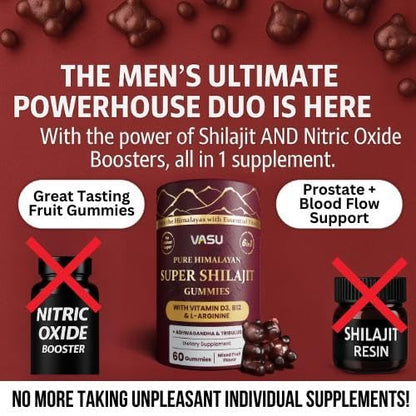 Vasu 6-in-1 Shilajit Gummies - Himalayan Gold, Vitamin D3 & B12, Sugar Free (60 Count)