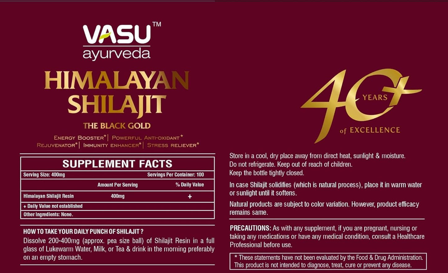 VASU Ayurveda Himalayan Shilajit Resin 400mg – Lab Tested Energy Booster (2-Pack)