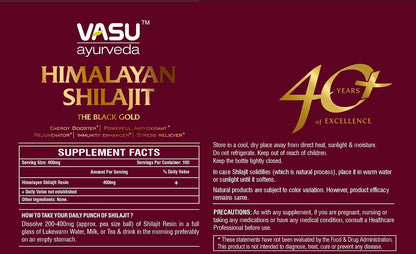 VASU Ayurveda Himalayan Shilajit Resin 400mg – Lab Tested Energy Booster (2-Pack)