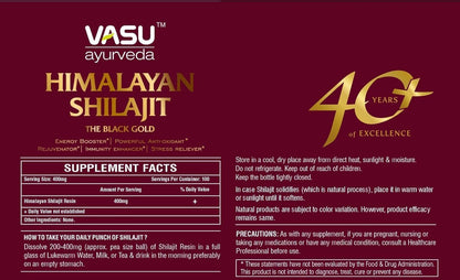 VASU Ayurveda Himalayan Shilajit Resin 400mg – Lab Tested | Natural Energy & 85+ Minerals