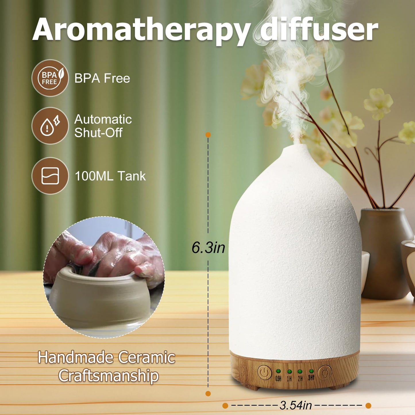 Vasysvi Essential Oil Diffuser Humidifier — Ceramic 100ml, 7-Color LED, Auto Shut-Off, 4 Timers