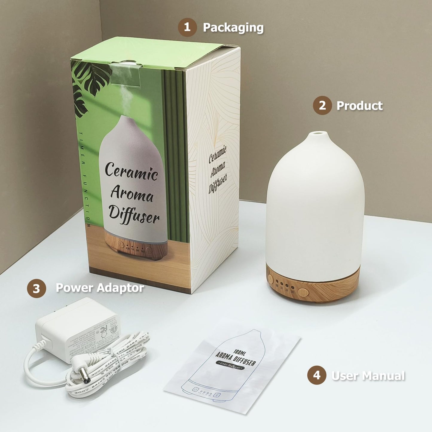 Vasysvi Essential Oil Diffuser Humidifier — Ceramic 100ml, 7-Color LED, Auto Shut-Off, 4 Timers