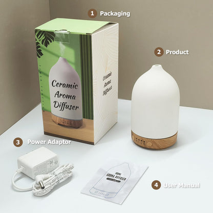 Vasysvi Essential Oil Diffuser Humidifier — Ceramic 100ml, 7-Color LED, Auto Shut-Off, 4 Timers