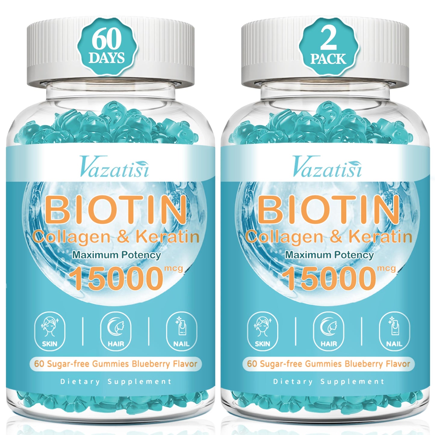 Vazatisi Biotin & Collagen Gummies with B12 for Hair, Skin & Nails – Blueberry Flavor, Sugar-Free, 120 Count