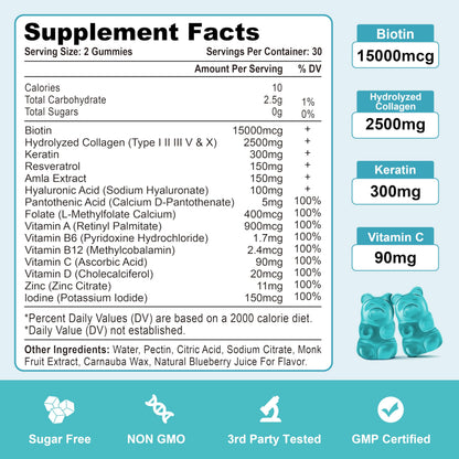 Vazatisi Biotin & Collagen Gummies with B12 for Hair, Skin & Nails – Blueberry Flavor, Sugar-Free, 120 Count