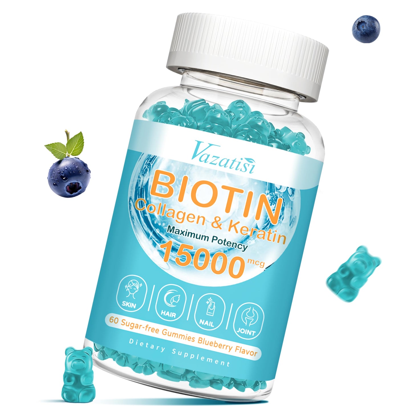 Vazatisi Biotin & Collagen Gummies with B12 – Hair, Skin & Nails, Sugar Free (Blueberry)