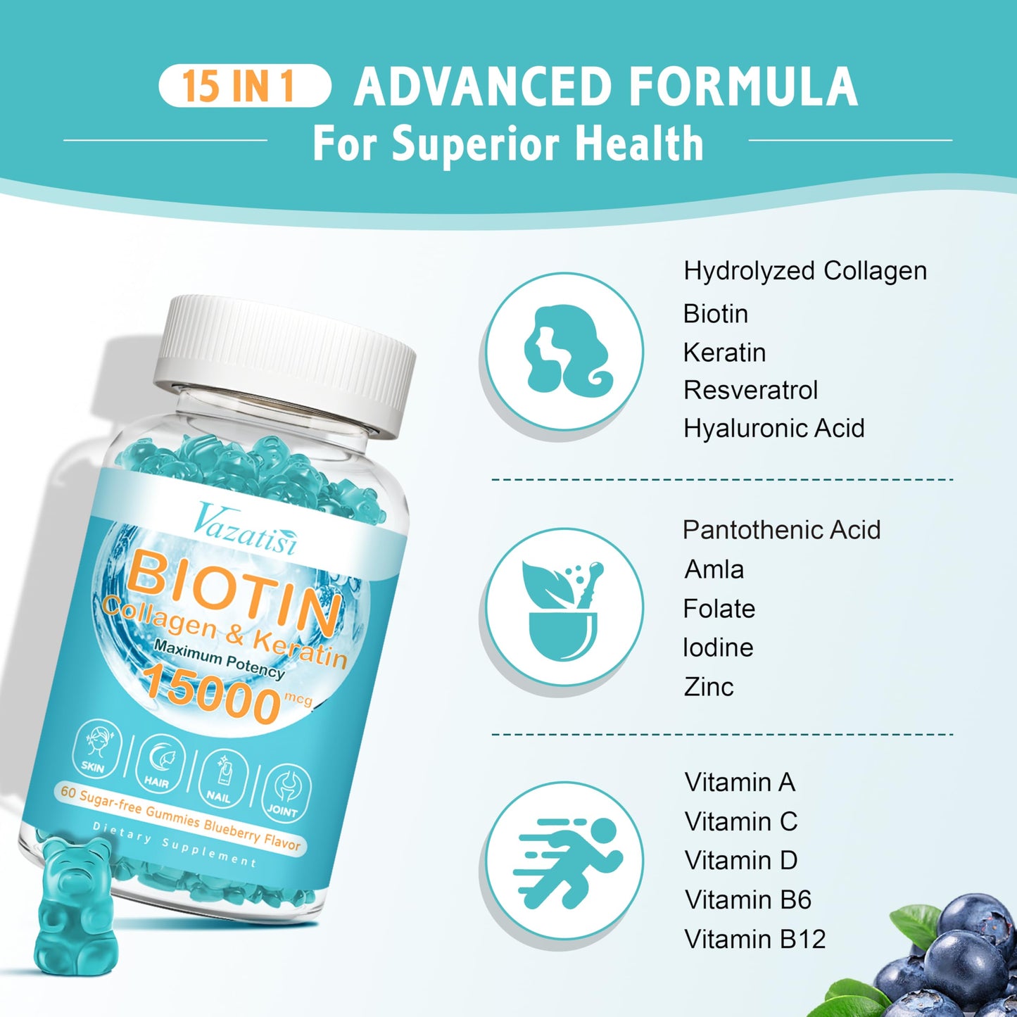 Vazatisi Biotin & Collagen Gummies with B12 – Hair, Skin & Nails, Sugar Free (Blueberry)