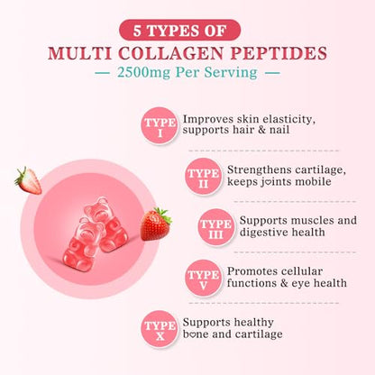 Vazatisi Sugar Free Collagen Gummies – Multi-Collagen Peptides (I II III V X) + Biotin, Strawberry, 60 Count