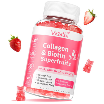Vazatisi Sugar Free Collagen Gummies – Multi-Collagen Peptides (I II III V X) + Biotin, Strawberry, 60 Count