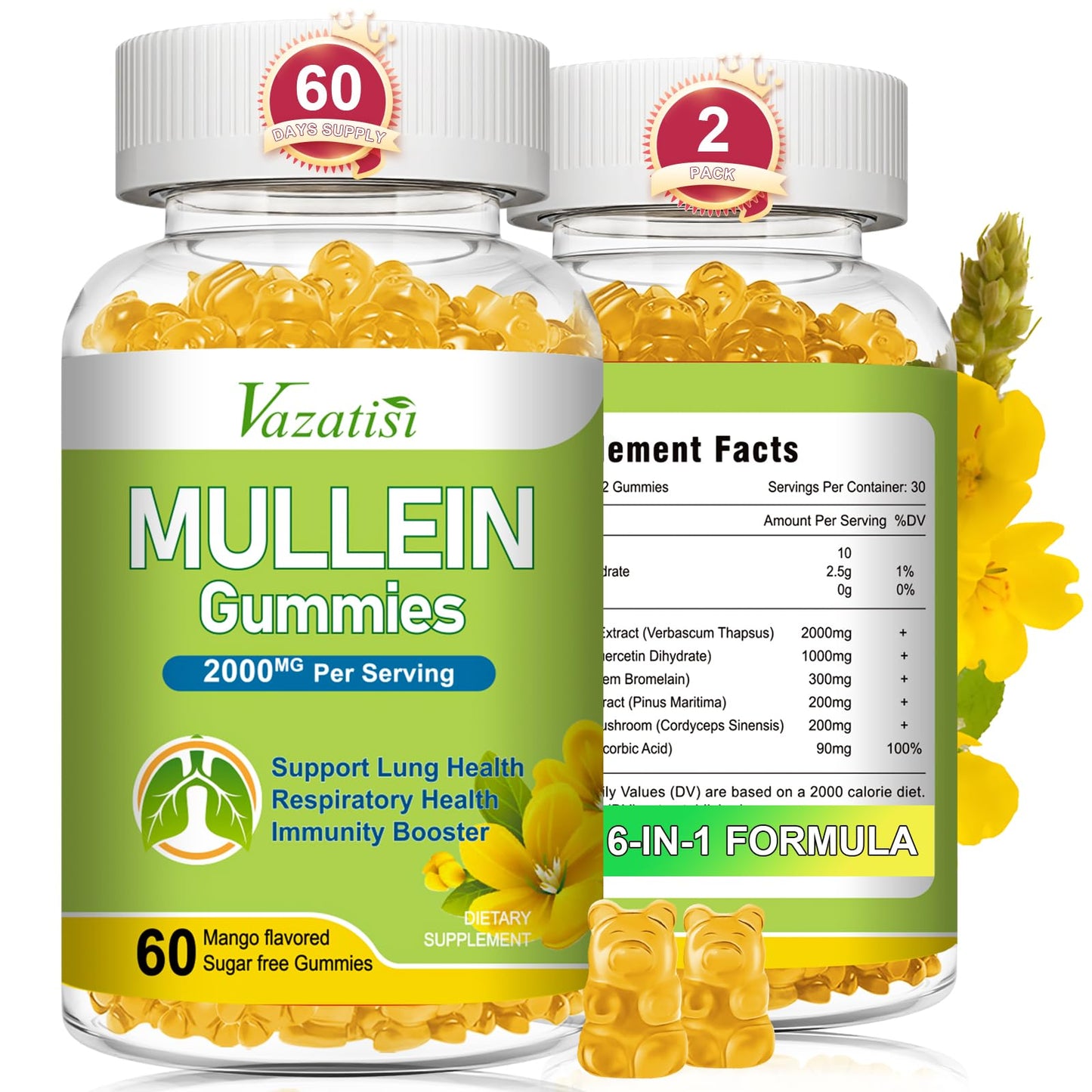 Vazatisi Mullein Gummies – Lung Health Support (Mullein Leaf, Bromelain, Cordyceps & Quercetin) 120ct
